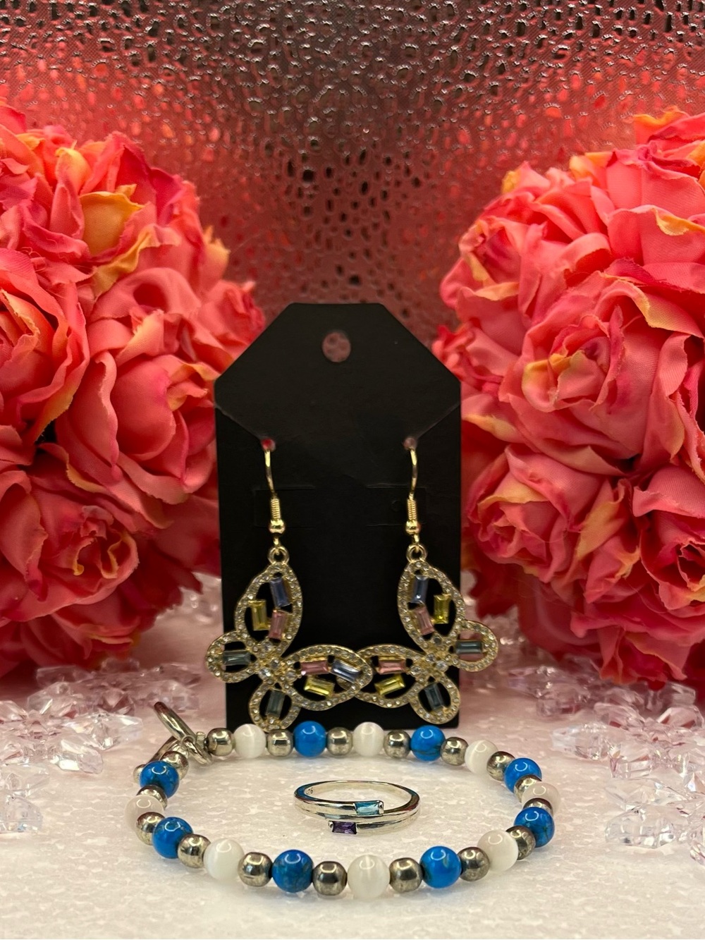 Blue Beaded Bracelet and Crystal butterfly Earrings and 925 Silver ring